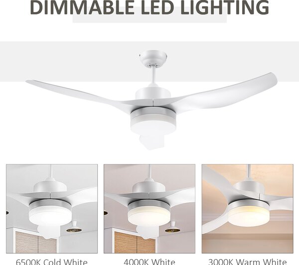 HOMCOM Ventilator de Tavan cu Lumini LED, 3 Moduri de Iluminare, Design Modern, Φ132x40 cm, Alb | Aosom Romania