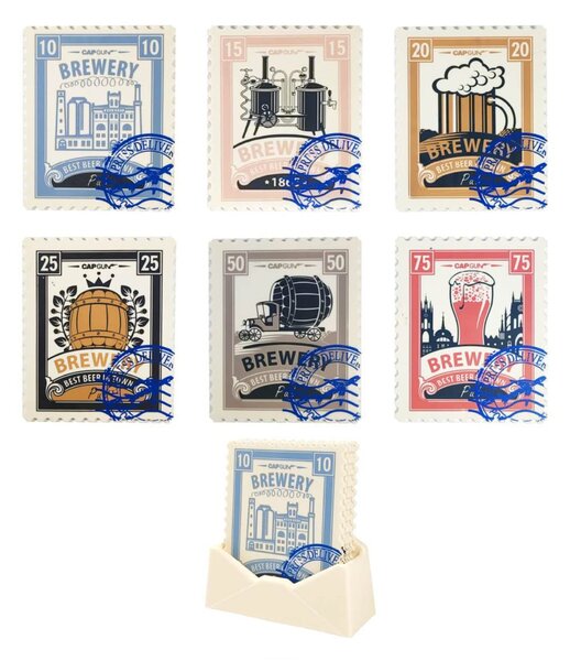 Set de 6 coastere pahare model timbru bere, cu suport