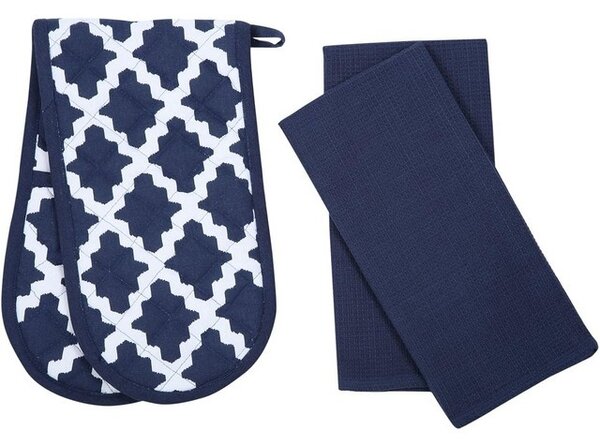 Set 1 mănușa dubla pentru cuptor 18 x 90cm si 2 prosoape 65 x 45 cm, Penguin Home, bleumarin