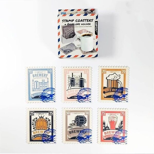Set de 6 coastere pahare model timbru bere, cu suport