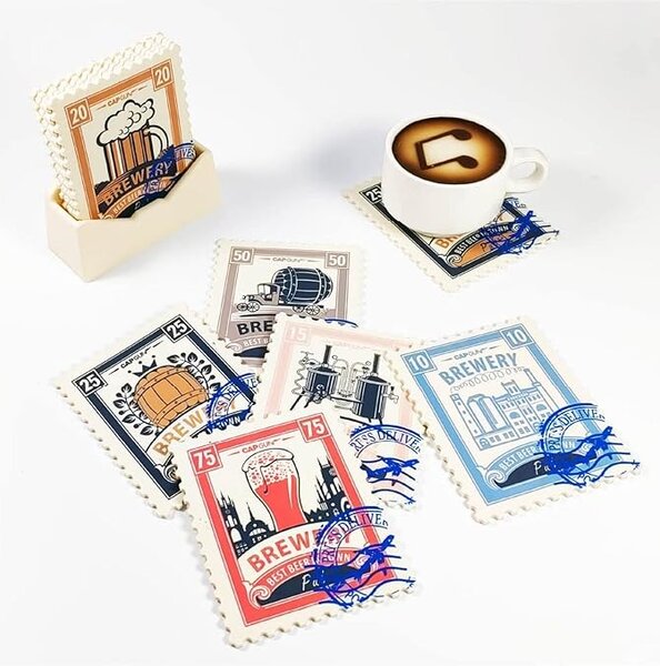 Set de 6 coastere pahare model timbru bere, cu suport