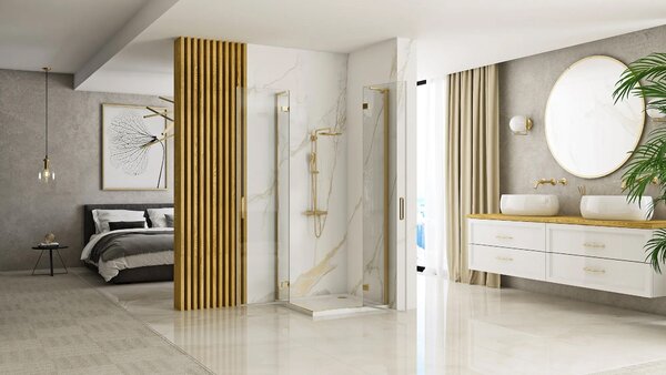 Rea Hugo, cabina de dus cu usi cu 2 aripi 90 (usa) x 90 (usa) x 200 cm, sticla transparenta 6 mm, profil auriu mat, REA-K6609