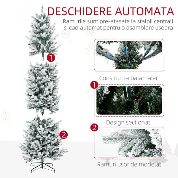 HOMCOM Pom de Craciun Artificial Inalt de 225cm,Decor de Sarbatori cu 988 Ramuri Inzapezite, Deschidere Automata, Baza de Otel, Verde