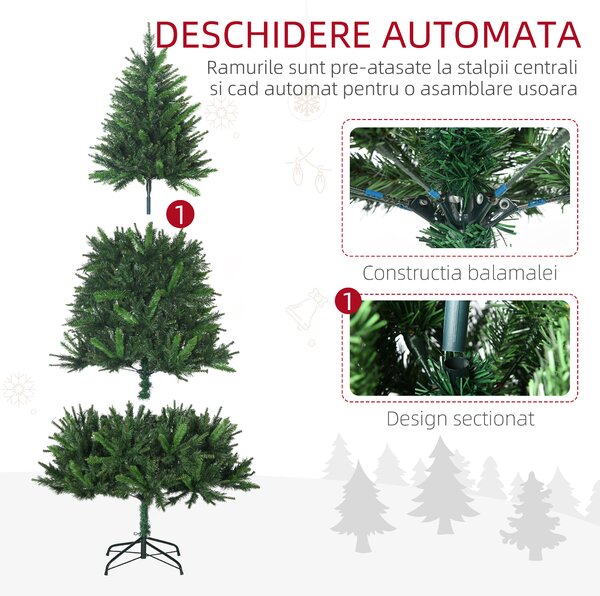 Brad de Craciun Artificial 180cm cu 786 Ramuri Deschidere Automata, Brad de Craciun Bogat, din Metal, Usor de Montat, Verde HOMCOM | Aosom Romania