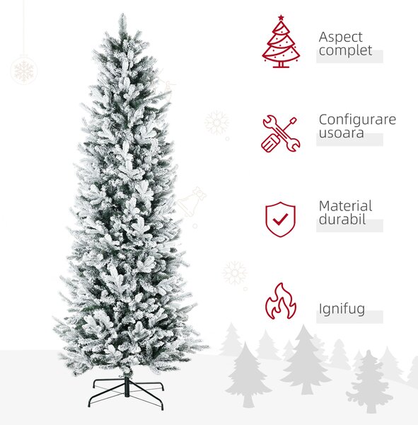 HOMCOM Pom de Craciun Artificial Inalt de 225cm,Decor de Sarbatori cu 988 Ramuri Inzapezite, Deschidere Automata, Baza de Otel, Verde