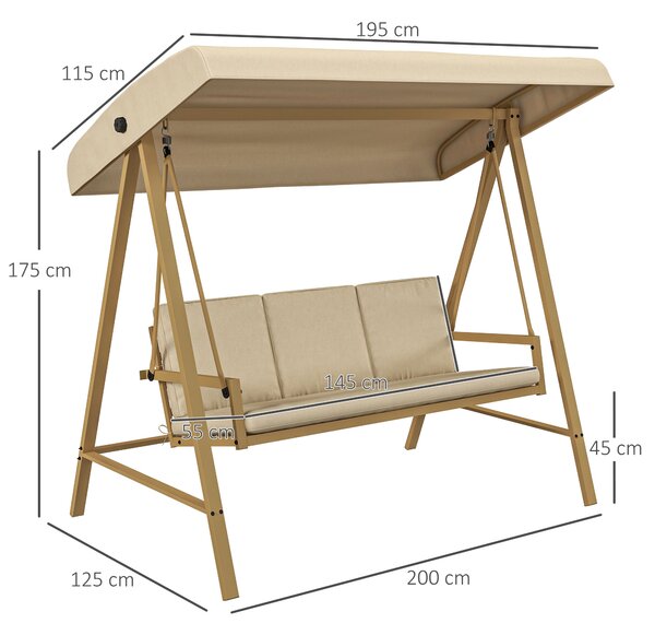 Outsunny Scaun Balansoar de Grădină cu 3 Locuri, Bancă cu Copertină Reglabilă, Perne Detașabile și Cadru din Oțel, 200x125x175 cm, Bej | Aosom Romania