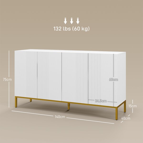 HOMCOM Bufet Modern pentru Living cu 4 Uși și Rafturi Reglabile, Închidere Moale, 140x40x75 cm, Alb | Aosom Romania