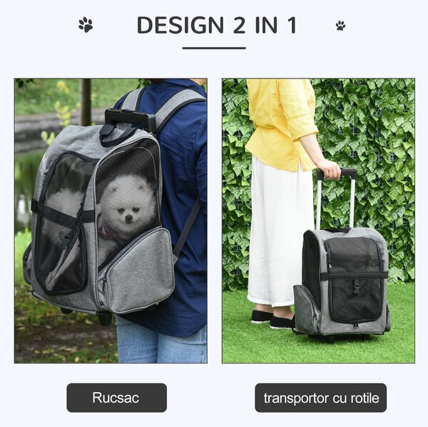 PawHut Rucsac 2 în 1 pentru Câini și Pisici cu Buzunare Laterale, Mâner Telescopic și Roți, 42x25x55 cm, Gri | Aosom Romania