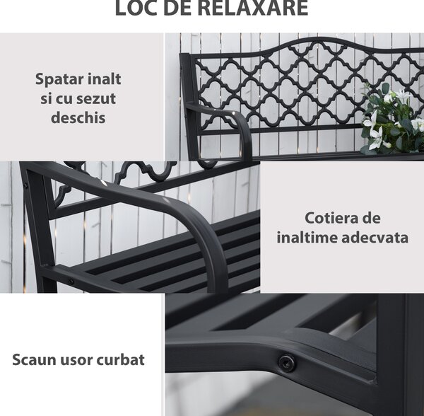 Outsunny Bancă de Grădină cu 2 Locuri, din Oțel și Fontă, Design Clasic, 128x58.5x89 cm, Negru | Aosom Romania