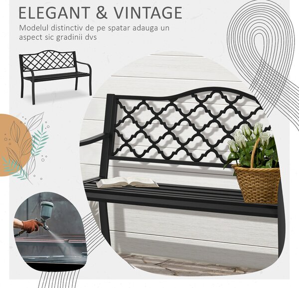 Outsunny Bancă de Grădină cu 2 Locuri, din Oțel și Fontă, Design Clasic, 128x58.5x89 cm, Negru | Aosom Romania