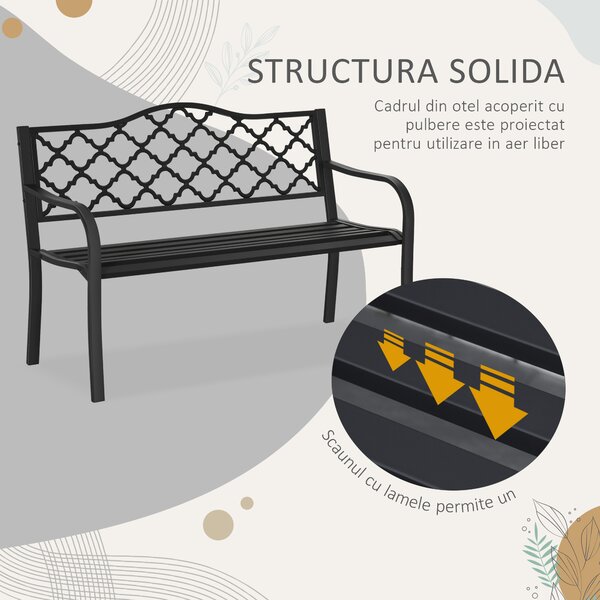 Outsunny Bancă de Grădină cu 2 Locuri, din Oțel și Fontă, Design Clasic, 128x58.5x89 cm, Negru | Aosom Romania