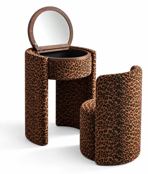 Masuta de machiaj Belle Époque vintage cu blat rotund si taburet tapitat, maro inchis cu model leopard