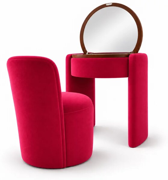 Masuta de machiaj Belle Époque vintage cu blat rotund si taburet tapitat, roz fucsia