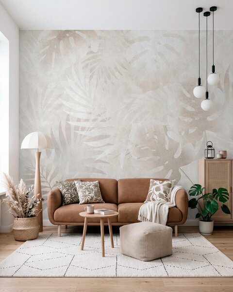 Tapet Frunze tropicale cu efect grunge în nuanțe de bej pudrat, Imagini de fundal unice, w10080 : Uwalls.ro