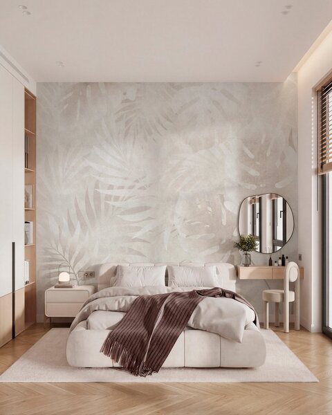 Tapet Frunze tropicale cu efect grunge în nuanțe de bej pudrat, Imagini de fundal unice, w10080 : Uwalls.ro
