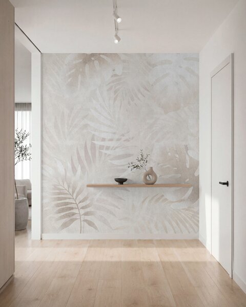 Tapet Frunze tropicale cu efect grunge în nuanțe de bej pudrat, Imagini de fundal unice, w10080 : Uwalls.ro