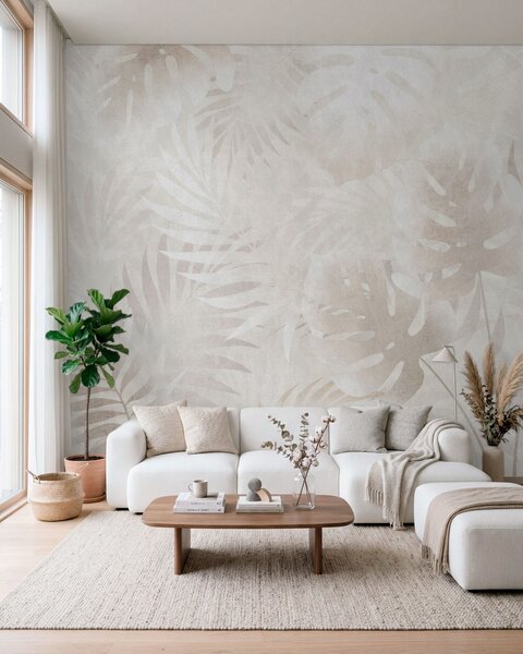Tapet Frunze tropicale cu efect grunge în nuanțe de bej pudrat, Imagini de fundal unice, w10080 : Uwalls.ro