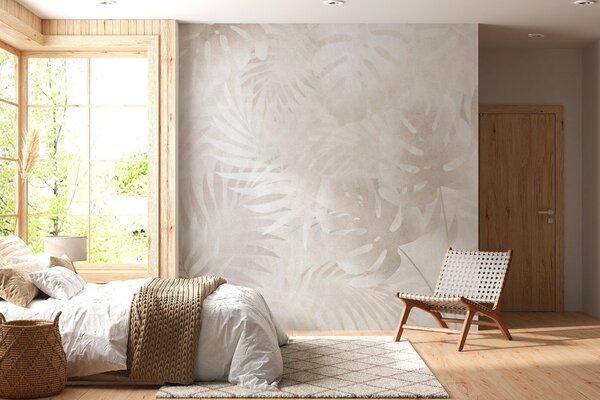 Tapet Frunze tropicale cu efect grunge în nuanțe de bej pudrat, Imagini de fundal unice, w10080 : Uwalls.ro