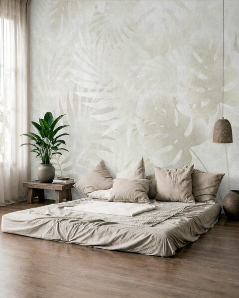 Tapet Frunze tropicale cu efect grunge în nuanțe neutre de bej, Imagini de fundal unice, w10080v1 : Uwalls.ro