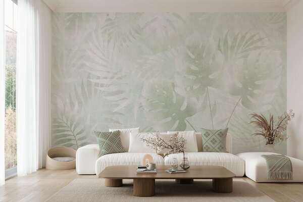 Tapet Frunze tropicale cu efect grunge în nuanțe de verde, Imagini de fundal unice, w10080v2 : Uwalls.ro