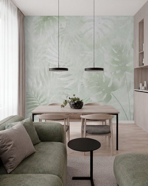 Tapet Frunze tropicale cu efect grunge în nuanțe de verde, Imagini de fundal unice, w10080v2 : Uwalls.ro