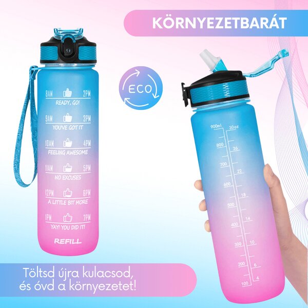 Sticlă de apă motivațională cu gradient, citate și cronologie (1000 ml) - Albastru/Roz