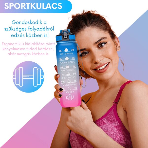Sticlă de apă motivațională cu gradient, citate și cronologie (1000 ml) - Albastru/Roz