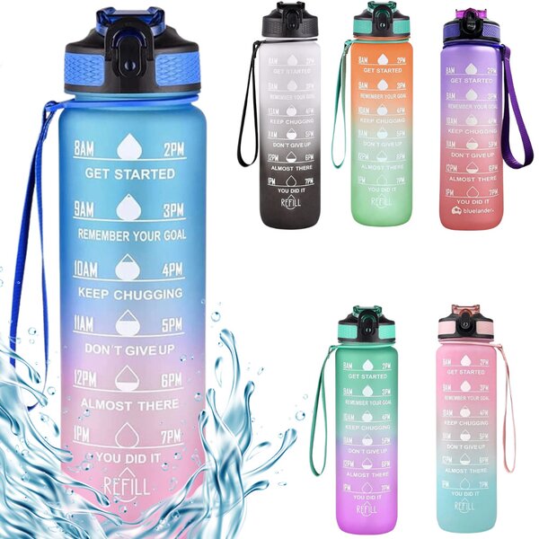 Sticlă de apă motivațională cu gradient, citate și cronologie (1000 ml) - Albastru/Roz