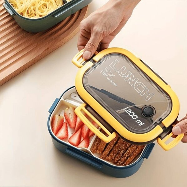 Set de recipiente alimentare cu depozitare separată, cu lingură și furculiță, 1200 ml - Albastru