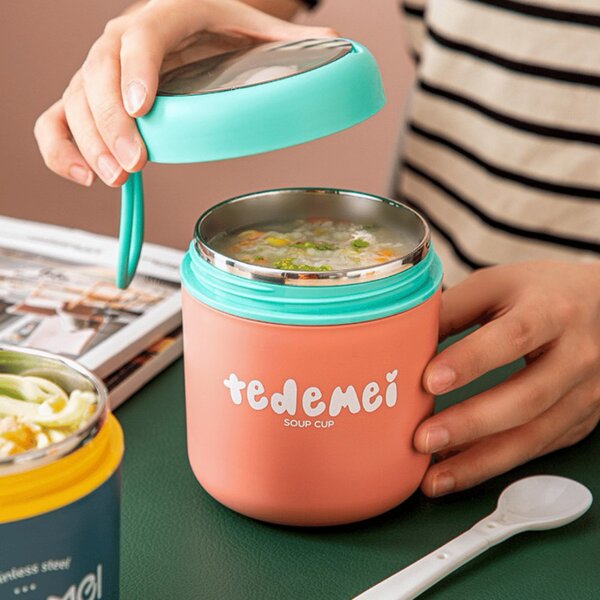 Recipient alimentar anti-vărsare Tedemei cu lingură pliabilă 530 ml - Roz/verde