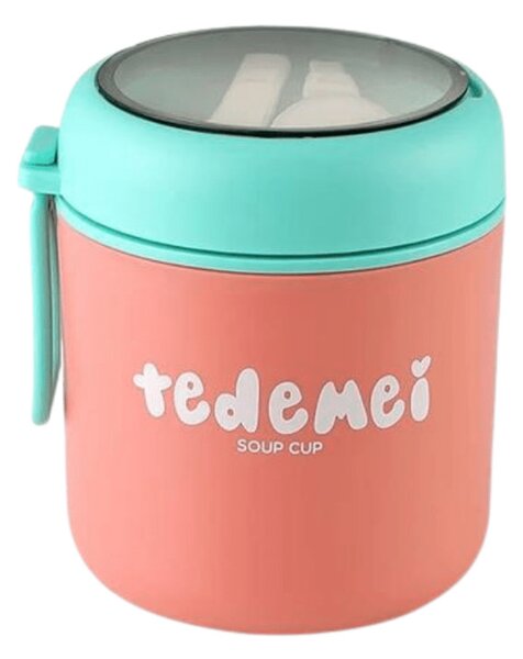Recipient alimentar anti-vărsare Tedemei cu lingură pliabilă 530 ml - Roz/verde