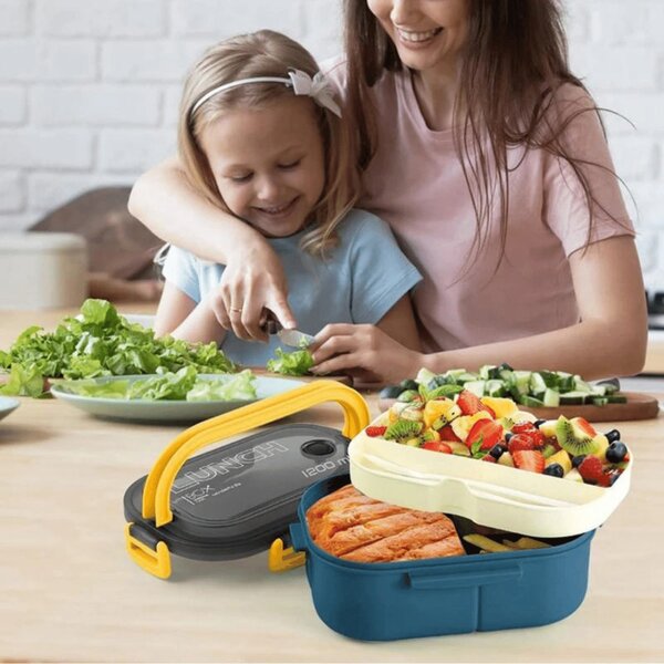 Set de recipiente alimentare cu depozitare separată, cu lingură și furculiță, 1200 ml - Albastru