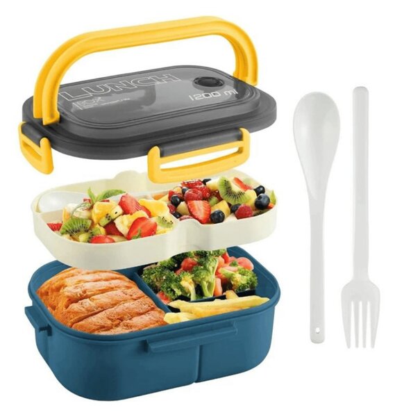 Set de recipiente alimentare cu depozitare separată, cu lingură și furculiță, 1200 ml - Albastru