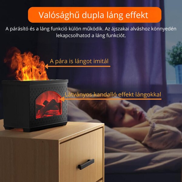 Difuzor de arome cu efect de șemineu și flacără reală, durată lungă de funcționare, funcționare cu un singur buton - negru
