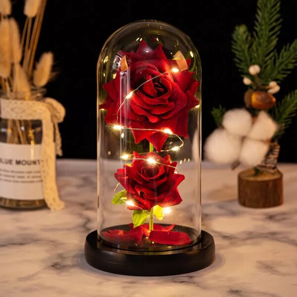 Trandafir etern într-un borcan de sticlă cu lumină LED, bază neagră - Roșu/verde - 2 trandafiri LOVE10