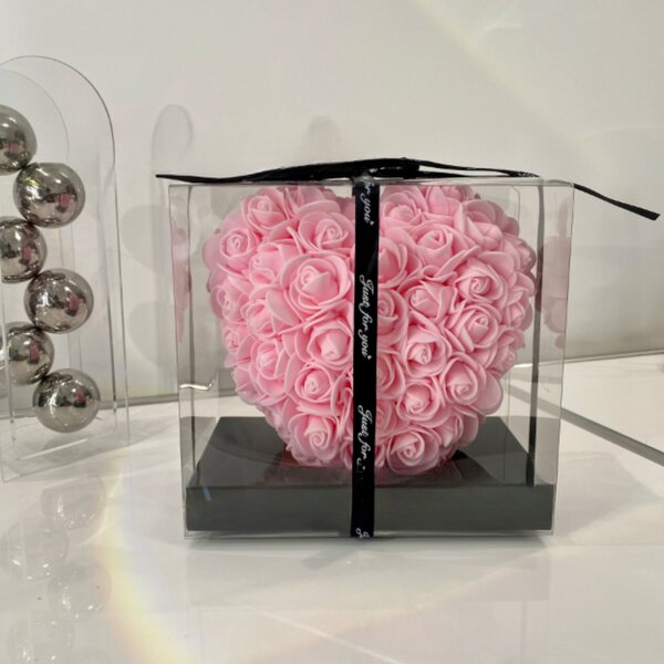 Inimă cu trandafir etern în cutie decorativă - 15 cm - roz