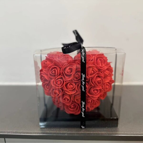 Inimă cu trandafir etern în cutie decorativă - 15 cm - Roșu