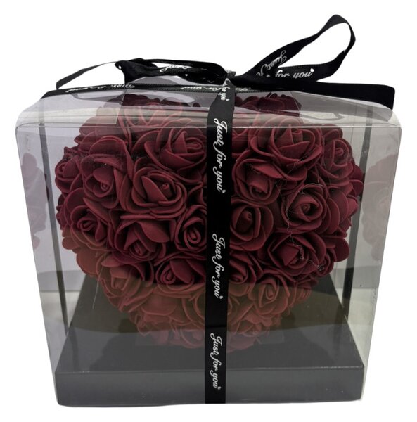 Inimă cu trandafir etern în cutie decorativă - 15 cm - Burgundia