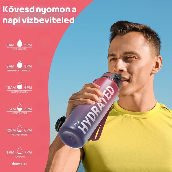Sticlă de apă cu imprimeu gradient și capac etanș - 1000 ml - Vișiniu/Albastru-Negru