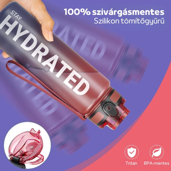 Sticlă de apă cu imprimeu gradient și capac etanș - 1000 ml - Vișiniu/Albastru-Negru