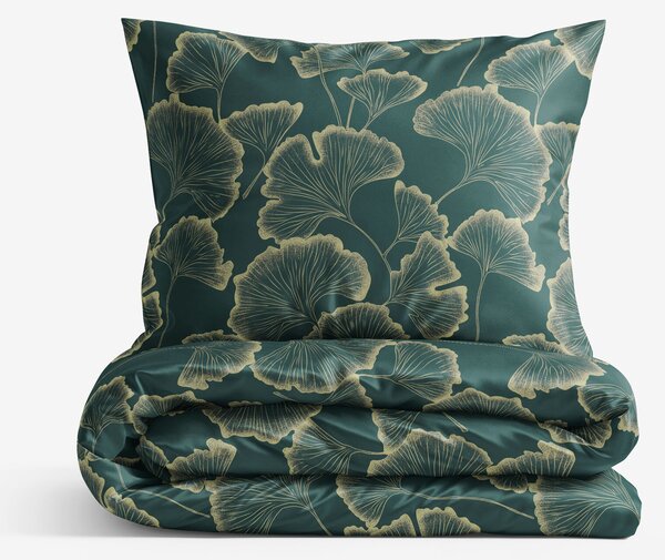 Goldea lenjerie de pat din bumbac satinat - frunze de ginkgo pe verde-închis 180 x 200 și 2buc 50 x 70 cm
