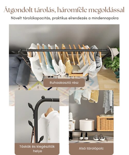 Suport de haine compact din metal, cu rafturi și cârlige, negru