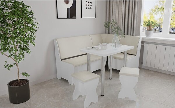 Set coltar bucatarie Tunis ,cu masa si 2 tabureti Alb+Fildes