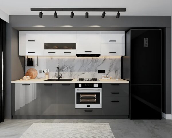 Bucatarie Daria MDF, 260x60x200cm, Alb+Gri antracit