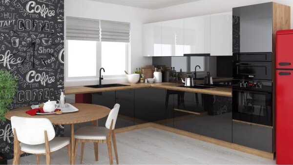 Bucatarie colt Chelsea V2, 221 300x60x200 cm, Alb Antracit Stejar K003