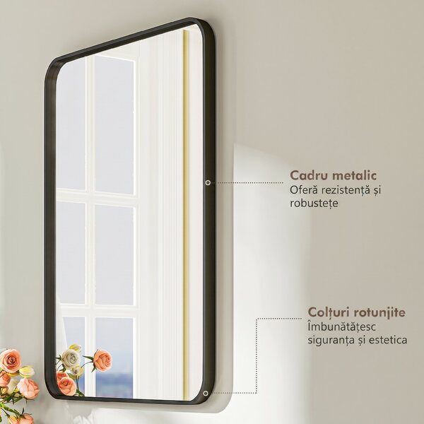 HOMCOM Oglindă de Baie 60 x 80 cm Oglindă Decorativă de Perete cu Ramă Metalică și Cârlig Ușor de Agățat pentru Sufragerie, Hol, Intrare - Negru | Aosom Romania