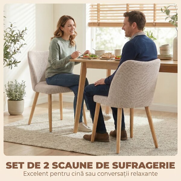 HOMCOM Set de 2 Scaune de Masă Moderne, Scaune de Bucătărie cu Tapițerie din In, Șezut Imbătut, Spătar Curbat, Picioare din Lemn de Cauciuc, Ușor de Asamblat, Alb Crem | Aosom Romania