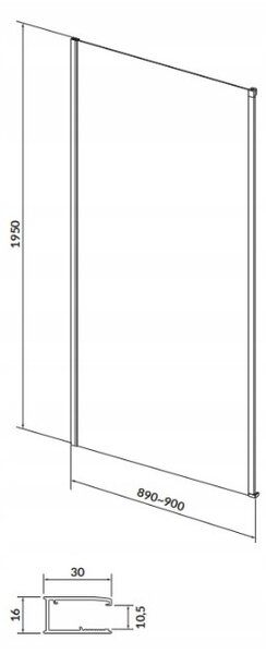 Cersanit LARGA, perete lateral pentru cabine de dus 90x195cm, sticla transparenta 6mm, profil negru, S932-134