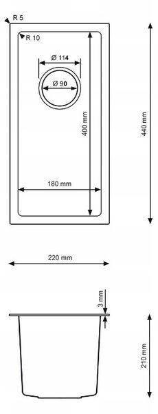 Erga HD, chiuvetă din oțel cu 1 cameră 220x440x210 mm, auriu periat, ERG-MLS-HD2244G