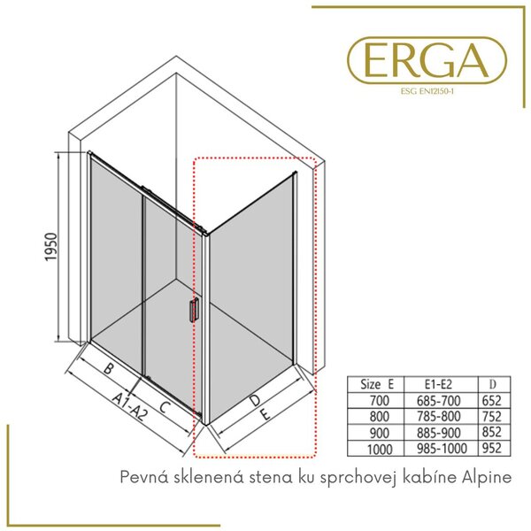 Erga Alpine, perete solid pentru duș 70x195 cm, sticlă transparentă de 6 mm, profil negru, ERG-V02-ALPINE-G070-BK
